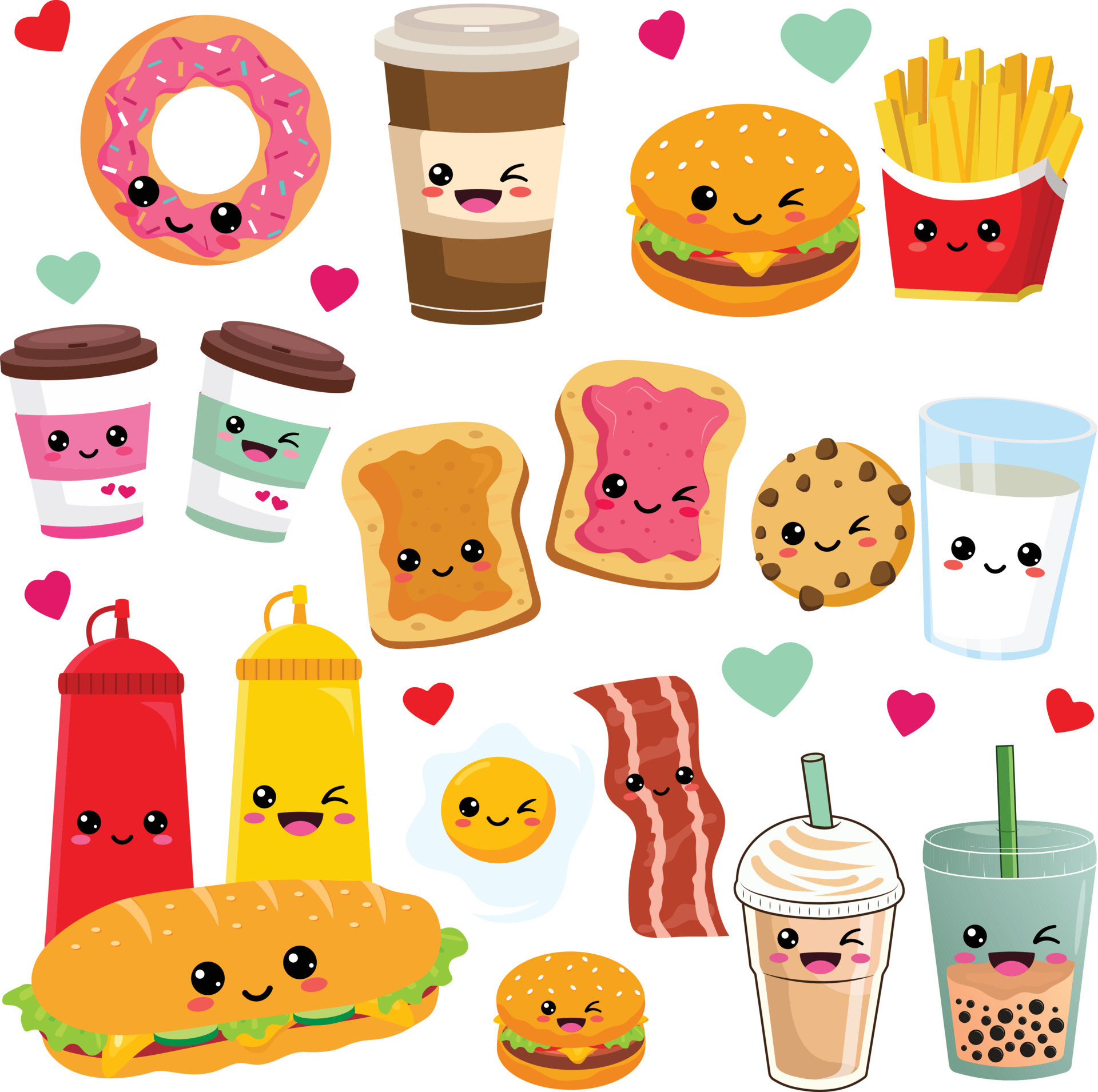 Set of cute and funny kawaii food and drink clip art 11855397 Vector Art at  Vecteezy