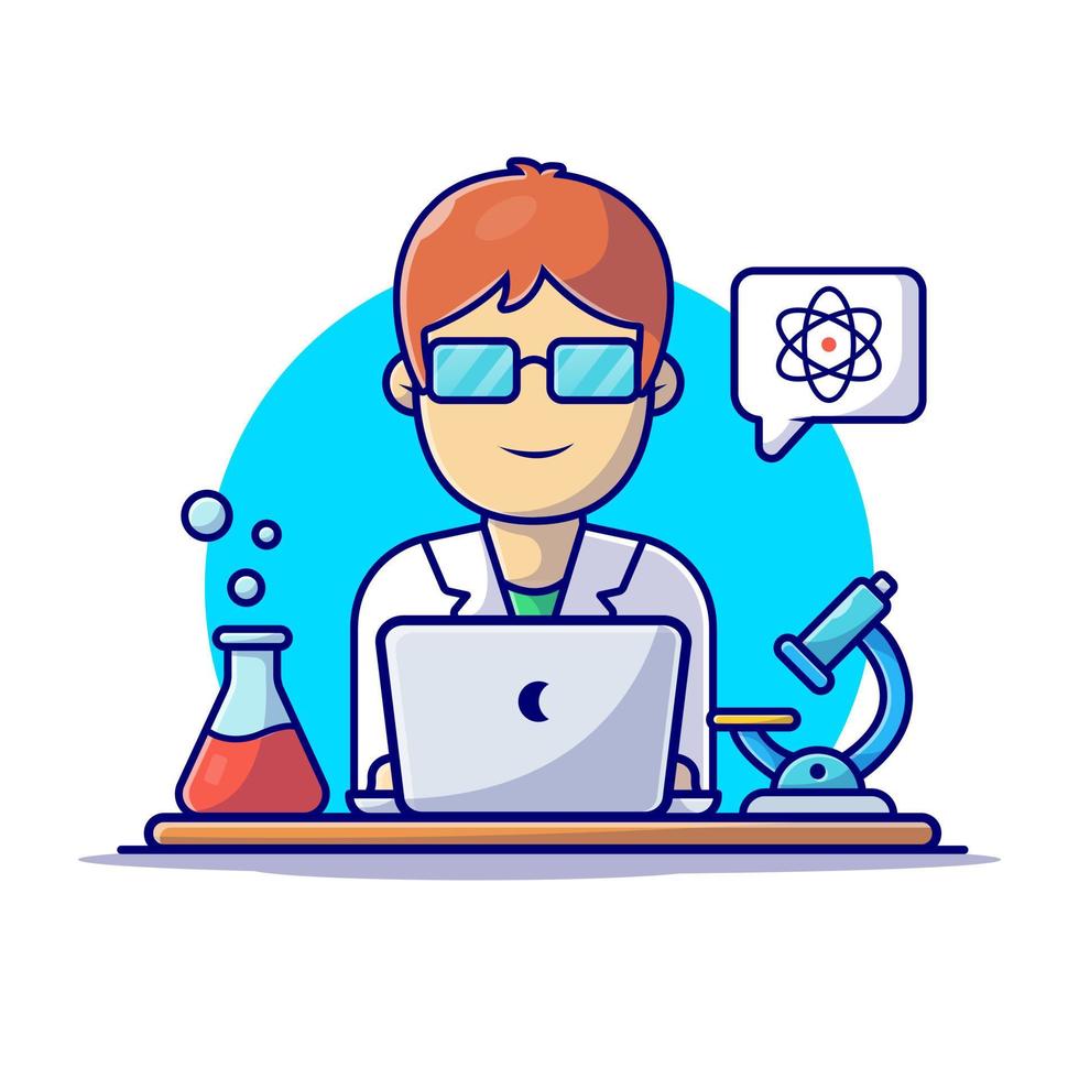 Cute Scientist Working on Laptop In The Laboratory Cartoon  Vector Icon Illustration. People Science, Icon Concept Isolated  Premium Vector. Flat Cartoon Style