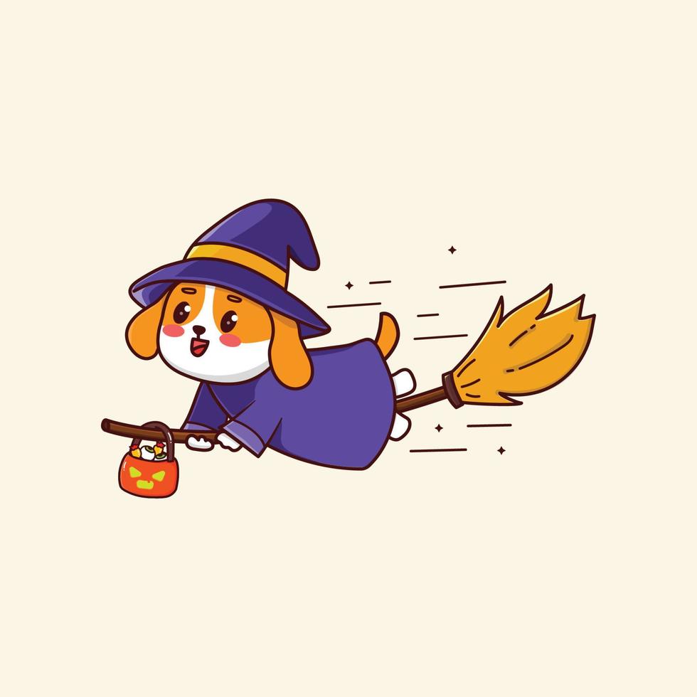 cute kawaii witch dog halloween cartoon character vector