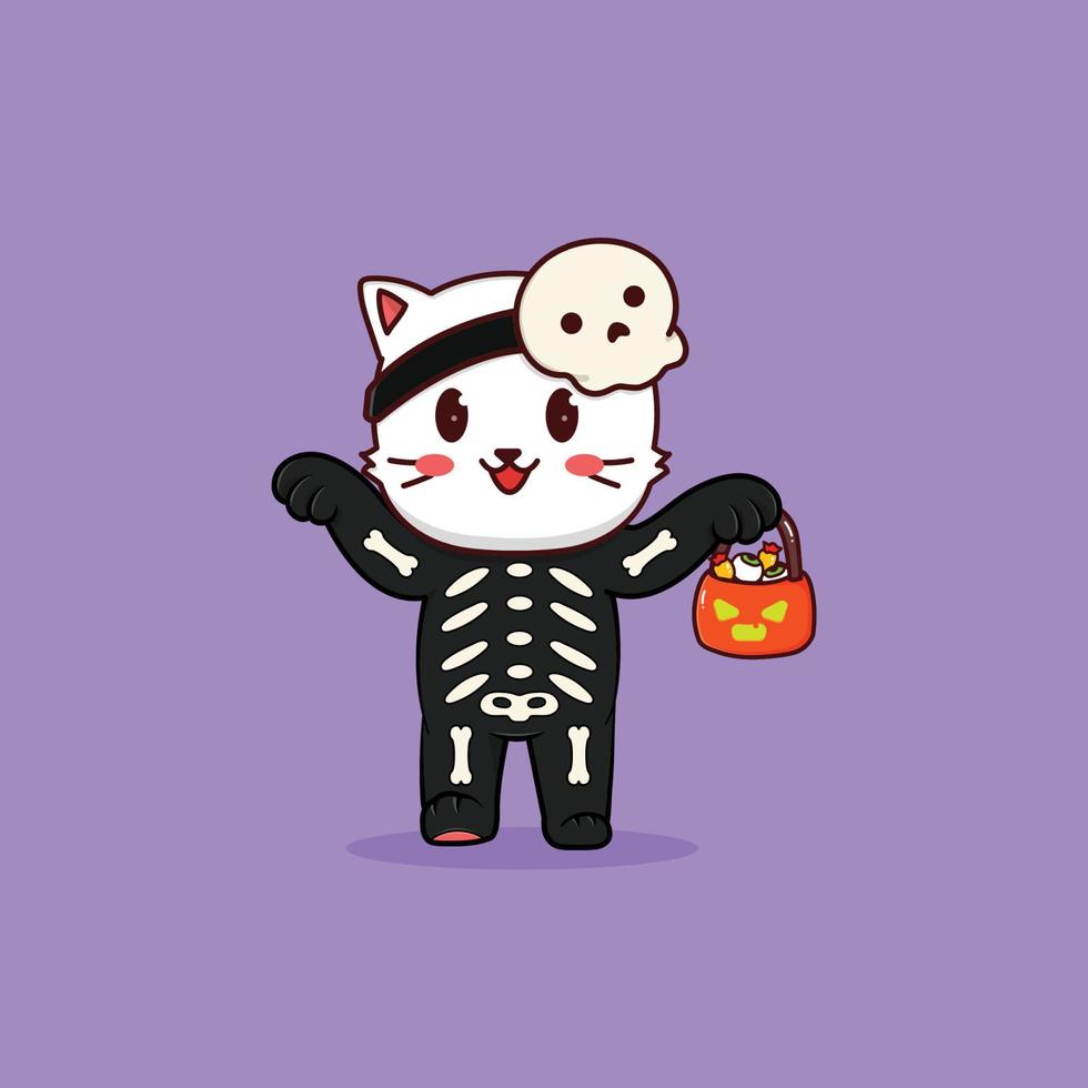 ejemplo lindo del carácter de halloween del gato del cráneo del kawaii vector