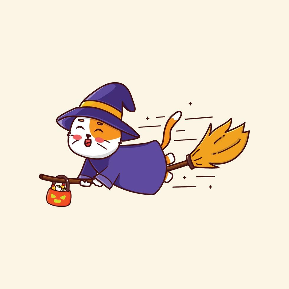 lindo personaje de dibujos animados de halloween gato bruja kawaii vector