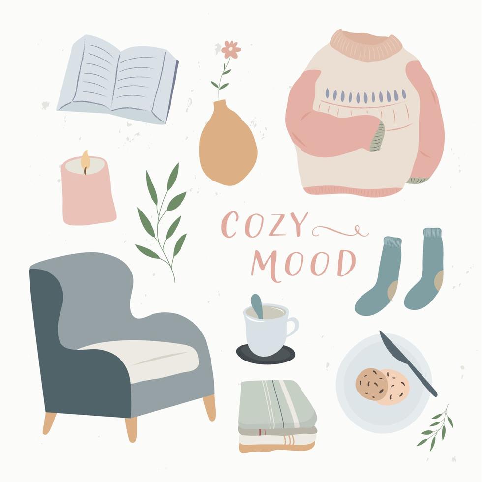 cute illustrations of cozy mood, hyggy hand draw illustrations, Scandinavian hyggy idea, hyggy home vector
