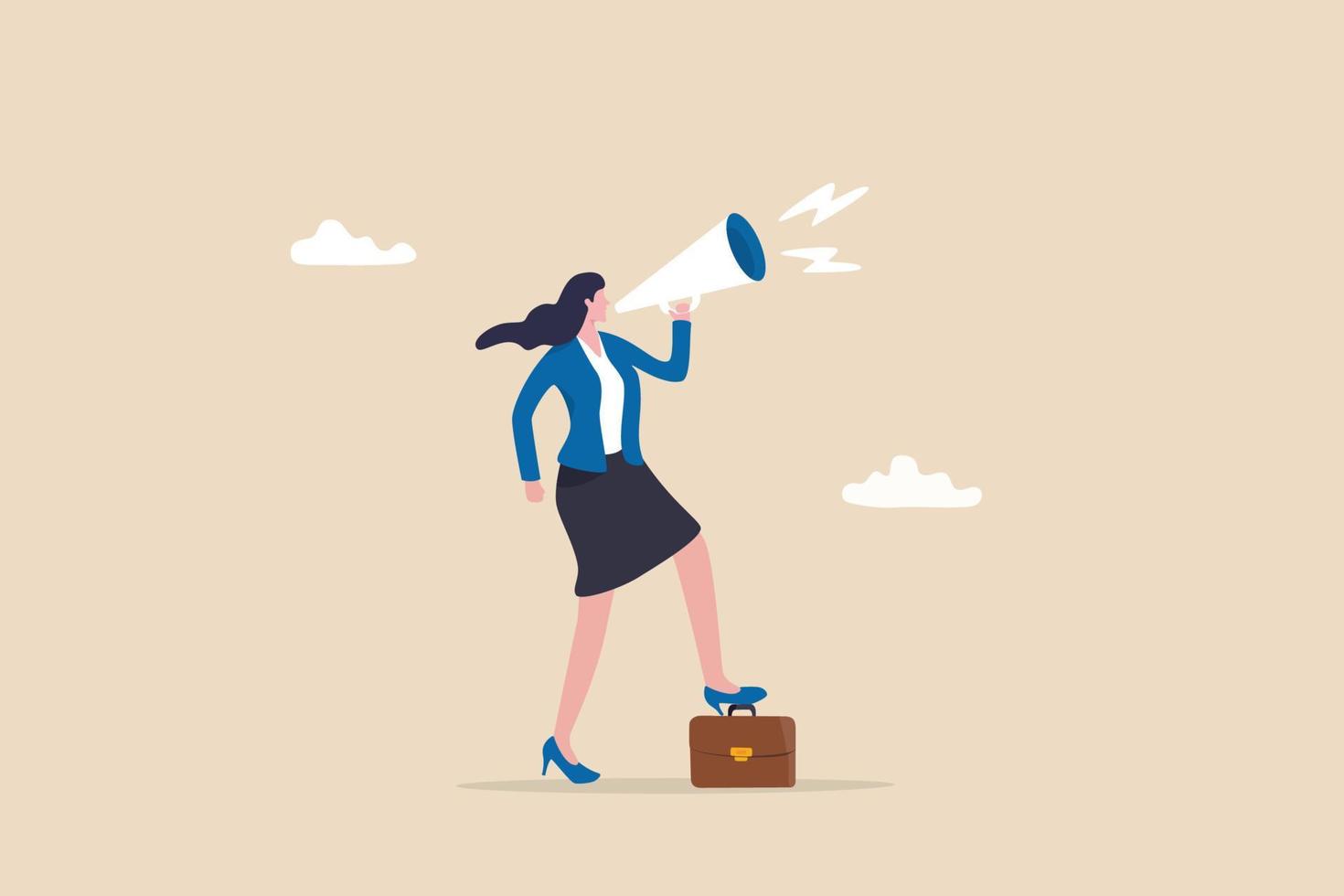 Speak up, communicate with confidence, telling the truth or presentation skill, storytelling, speaker, presentation or shout out concept, confidence businesswoman leader speak out loud on megaphone. vector