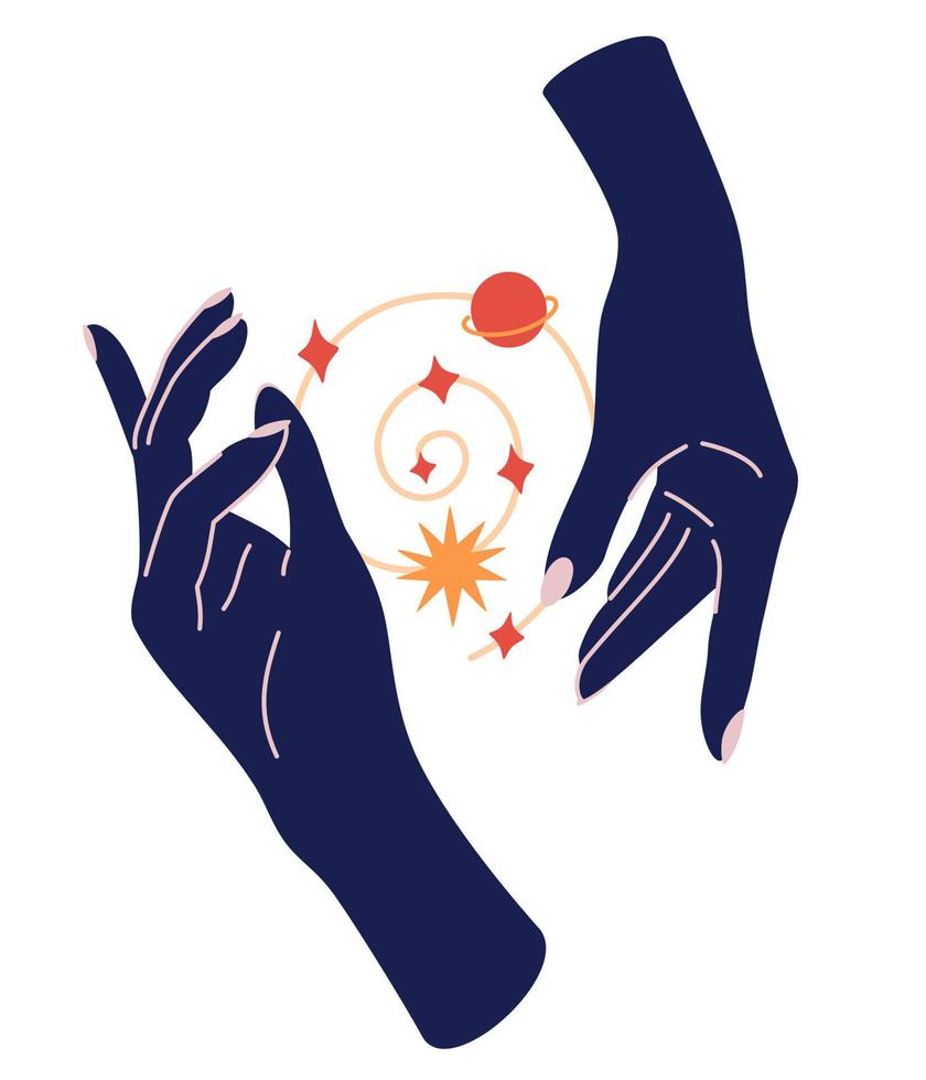 Magic woman hands with moon phases. Alchemy esoteric mystical magic celestial talisman with woman hand. Spiritual occultism object. Hand drawn vector illustrations isolated