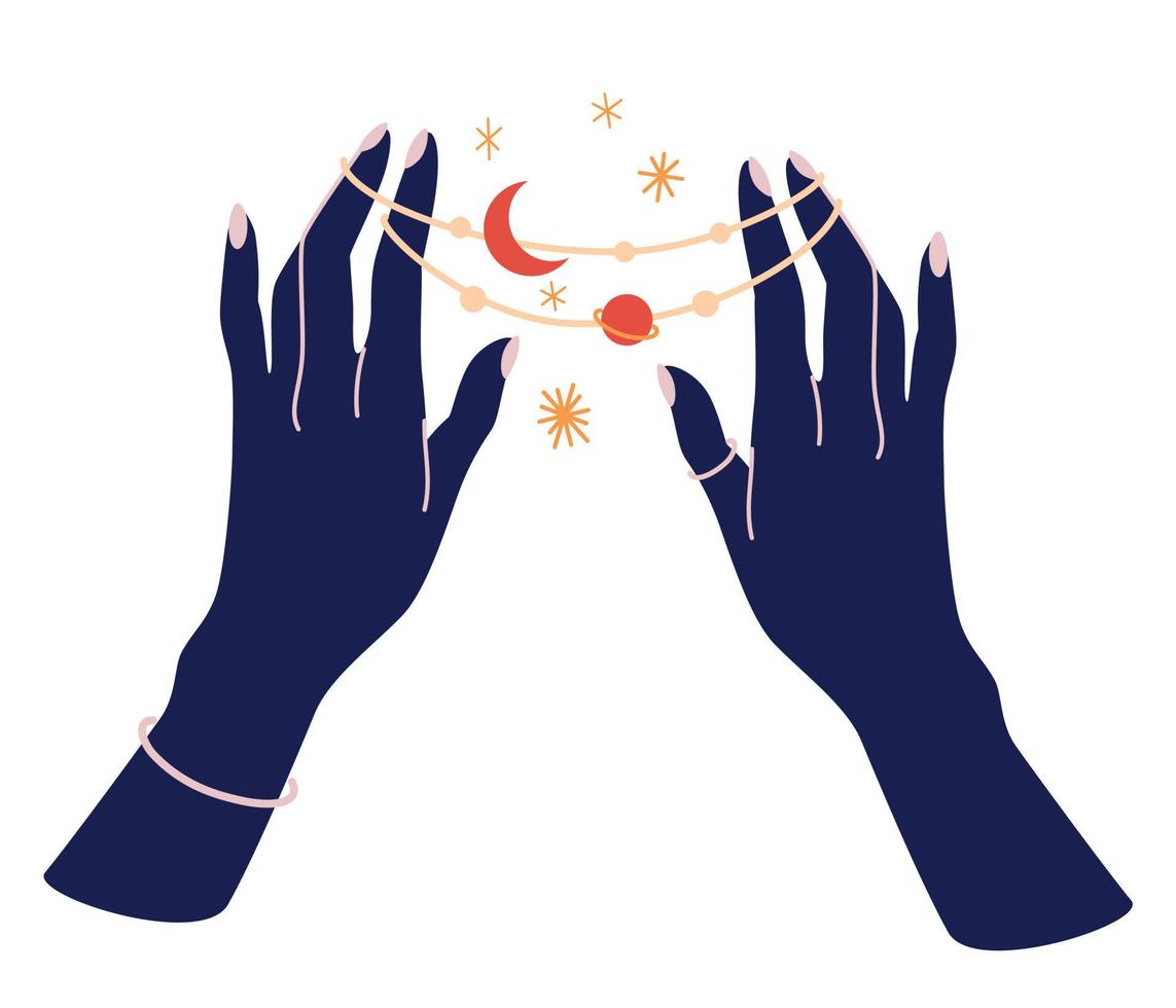 manos de mujer mágica con fases lunares. alquimia esotérica mística mágica celestial talismán con mano de mujer. objeto de ocultismo espiritual. ilustraciones vectoriales dibujadas a mano aisladas vector