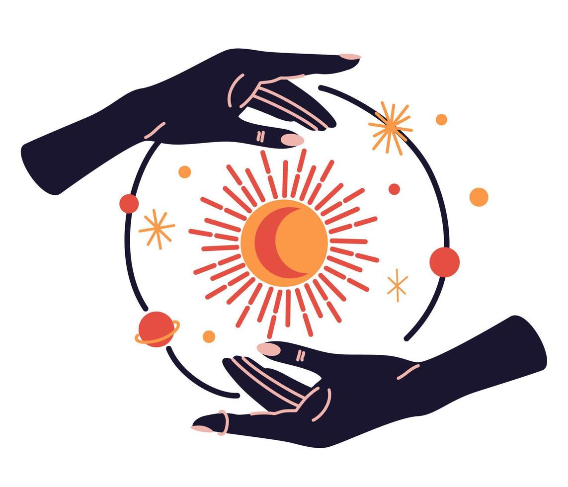 Magic woman hands with moon phases. Alchemy esoteric mystical magic celestial talisman with woman hand. Spiritual occultism object. Hand drawn vector illustrations isolated