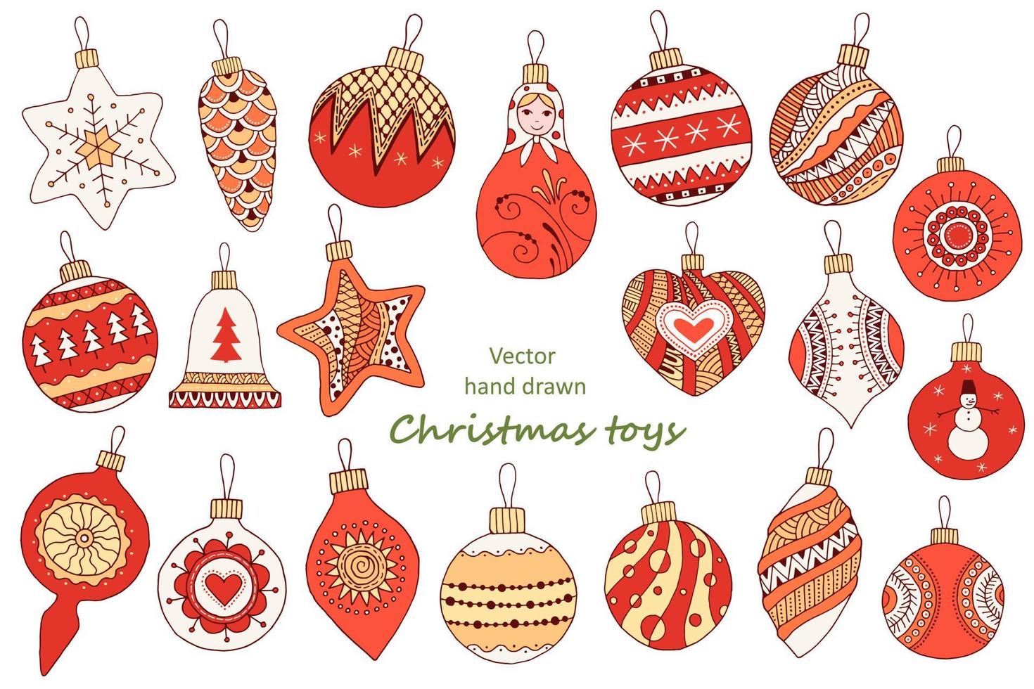 Set of color vector sketch illustrations. Hand-drawn Christmas toys balls, bell, matryoshka, cone, star