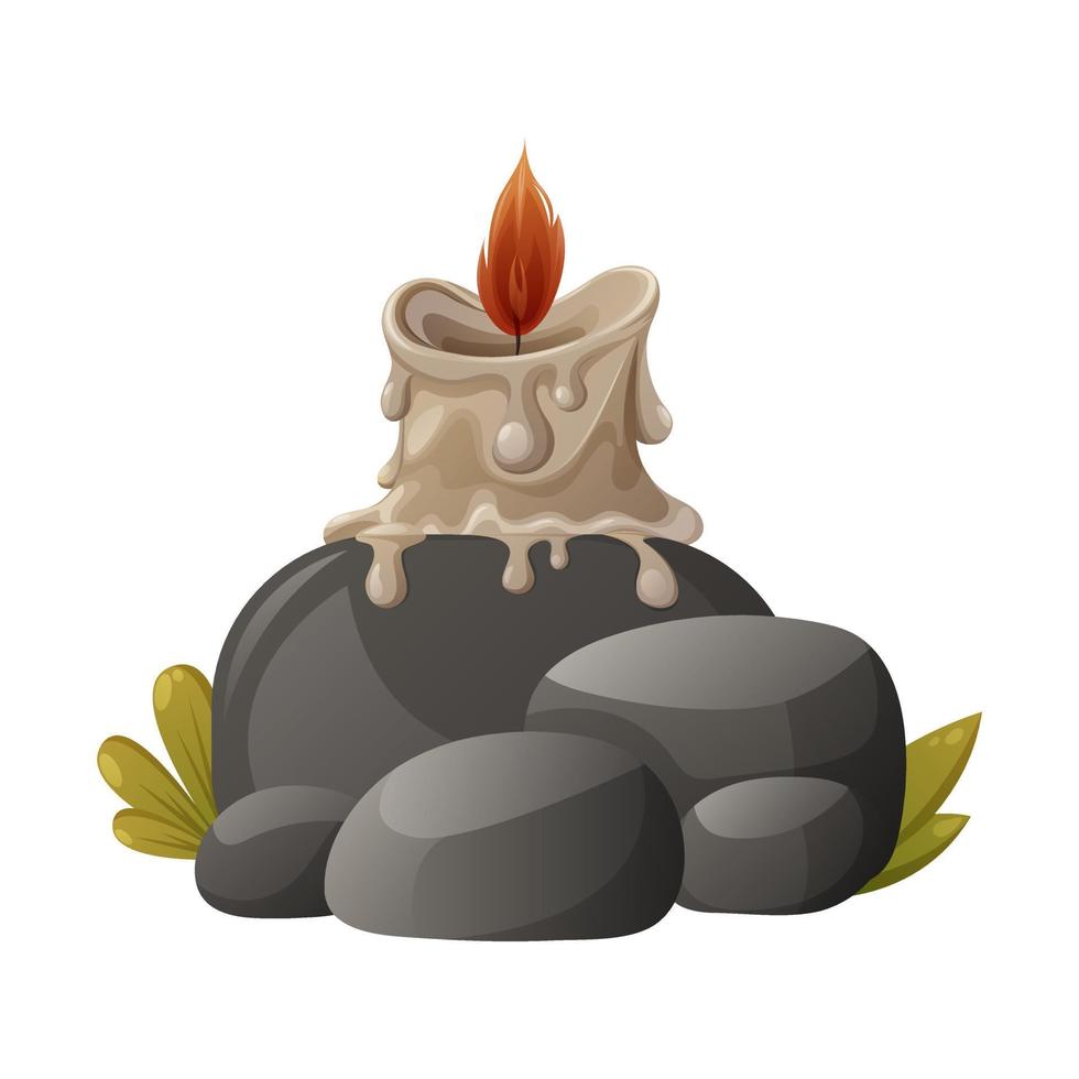 Burning wax candle on stones. Cartoon vector illustration.