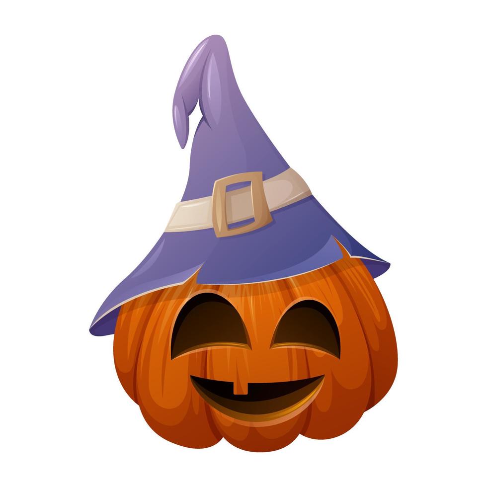 Halloween pumpkin with funny face in the magic hat. Cartoon vector illustration.