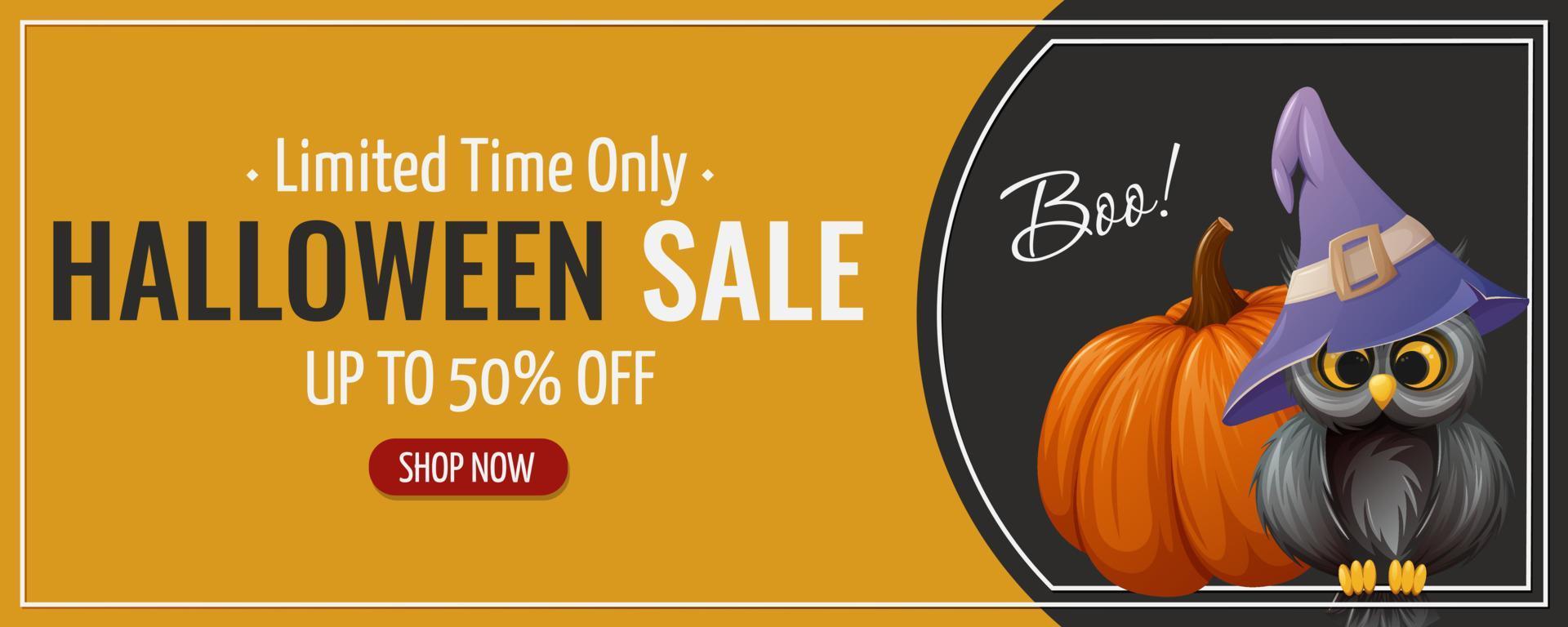 Halloween sale flyer. Cute owl in a sorcery hat and pumpkin. Vector illustration. For banner, advertising, store.