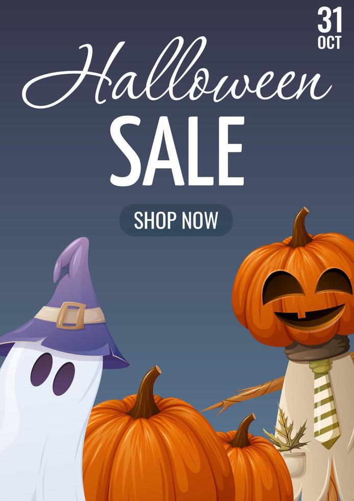 cartel de venta de halloween. calabazas, fantasma con sombrero de hechicería y espantapájaros. ilustración vectorial para banner, volante, tienda. formato a4 vector