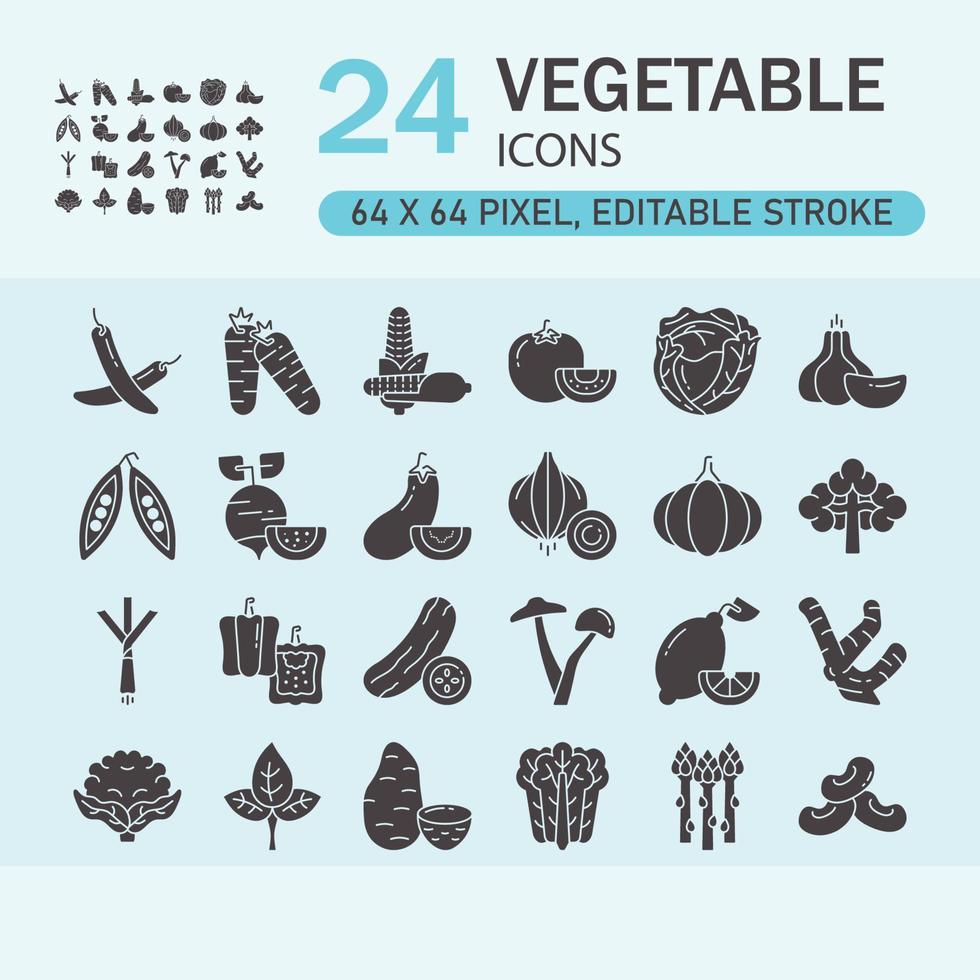 Icon Set of Vegetables Vector Solid Icons.  Contains such Icons as Healthy food. Editable Stroke. 64x64 Pixel Perfect.