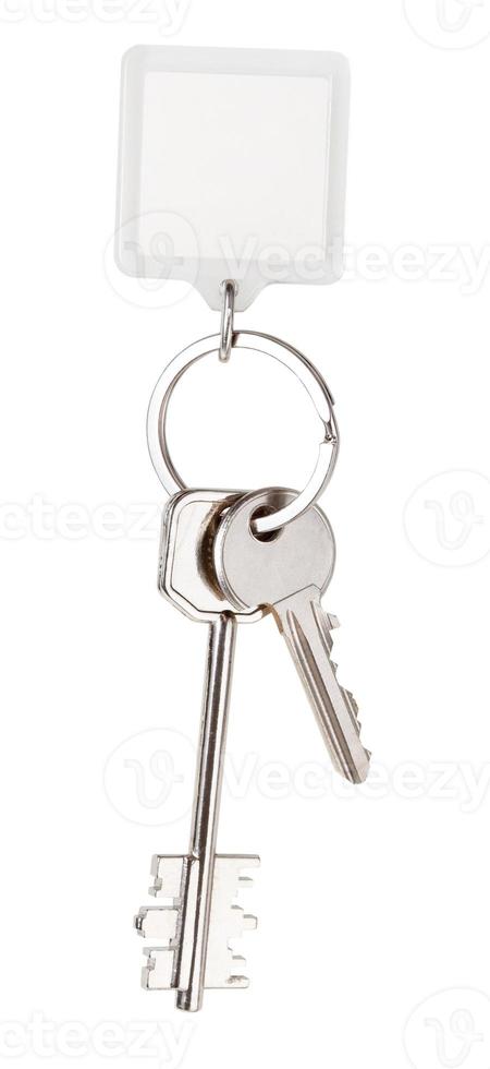 two house keys and square keychain on ring photo