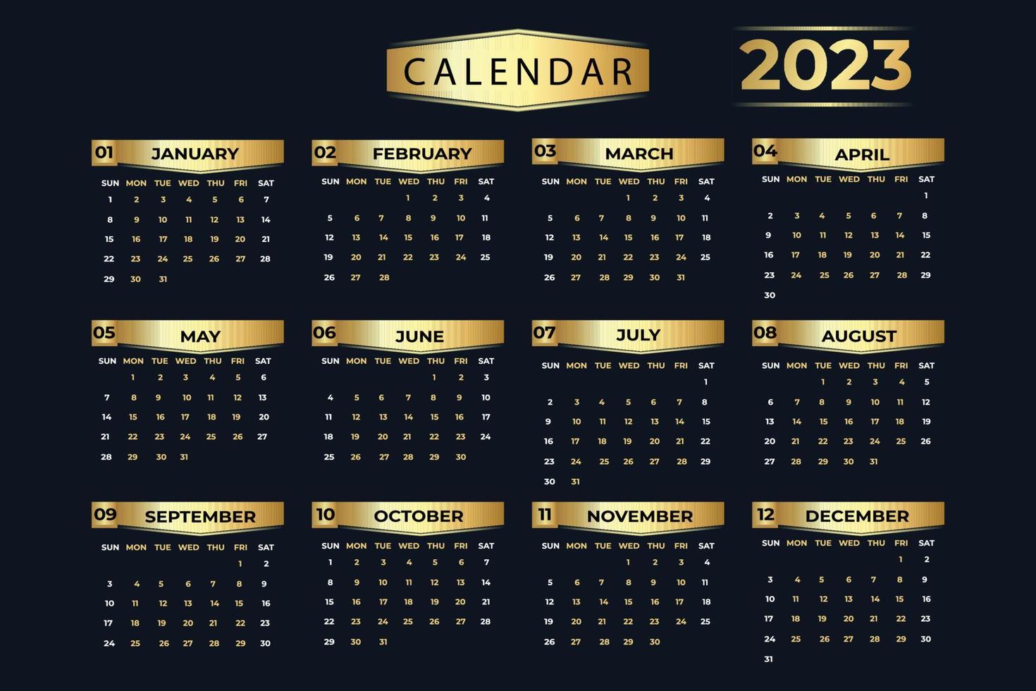 Elegant golden colored yearly calendar of year 2023, week starts from Sunday vector