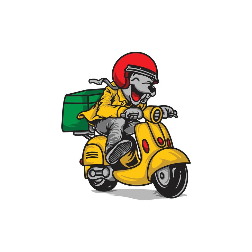 ilustración de un logo de entrega rápida con lindos personajes montando un scooter. vector