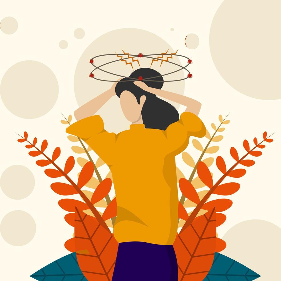 Sick people suffer from vertigo, feel confused, dizzy and have headaches. disease symptoms, migraine, hangover concept. Flat vector illustration for stress.