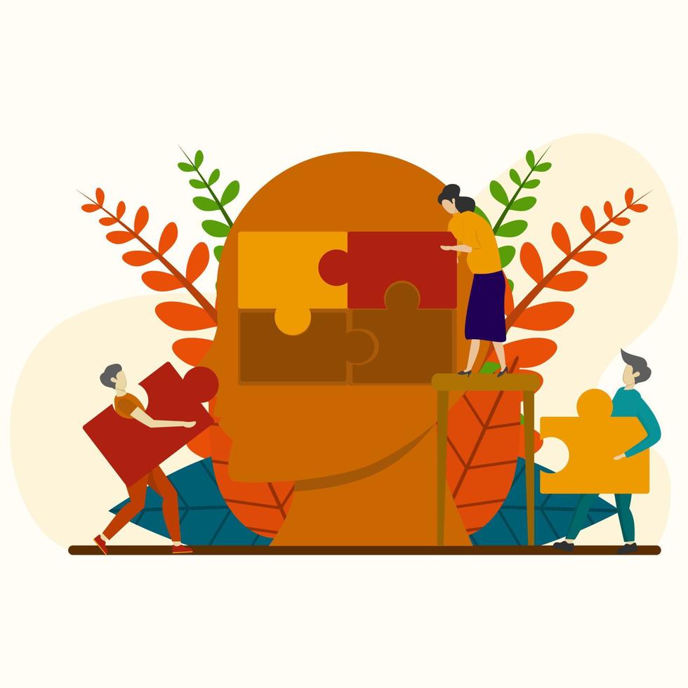 Flat concept illustration. The business team makes a jigsaw puzzle in the shape of a head. Business team building puzzles in the shape of heads. vector