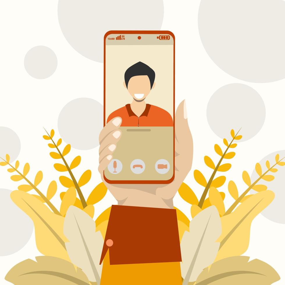 Video call concept. Video call with people. Hand holding smartphone with man on screen. Finger touch screen. Vector flat cartoon illustration for website and banner design