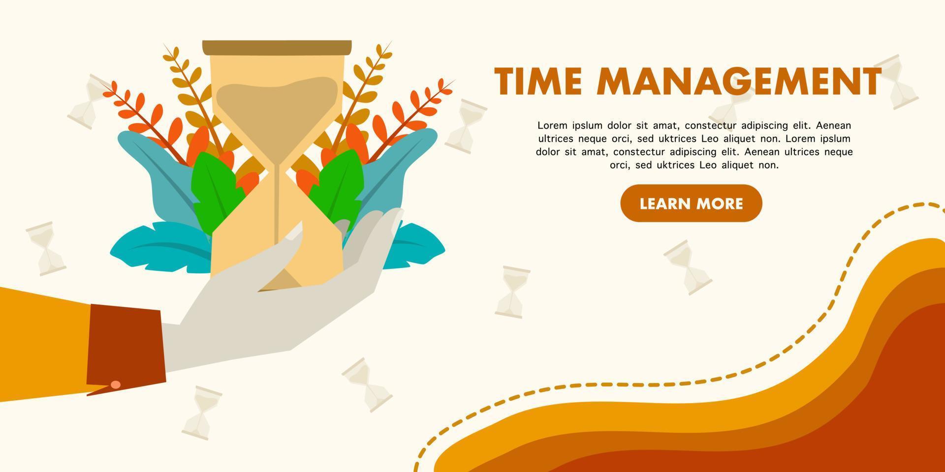 Modern flat web page design concept about time management with hands holding hourglass. Flat landing page template. vector illustration