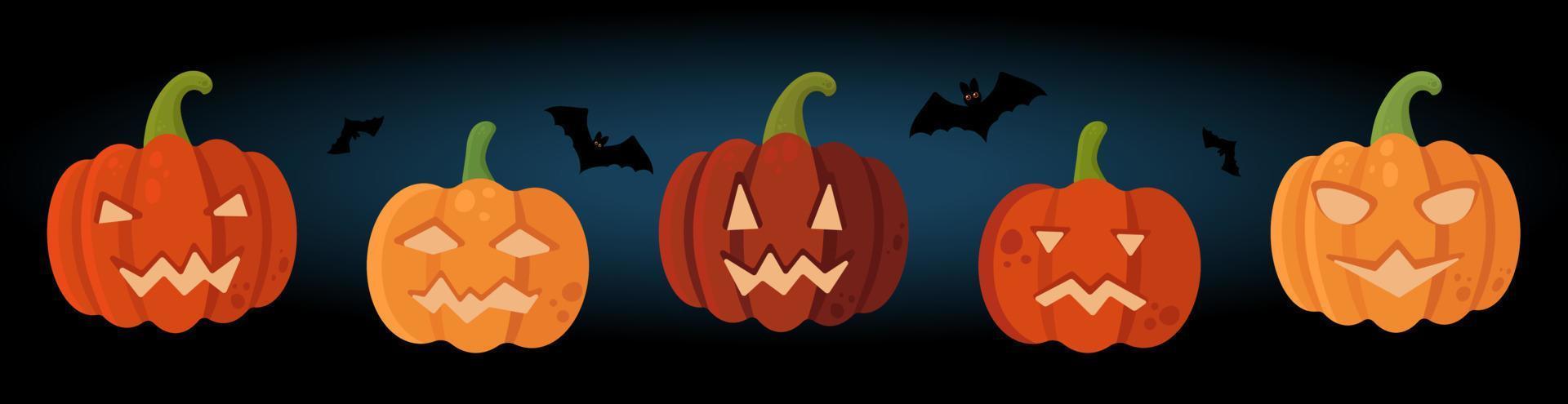 Jack O'Lantern Vector Set and Silhouettes of Bats. Perfect for Web Banners, Social Media, Printed Materials Design.