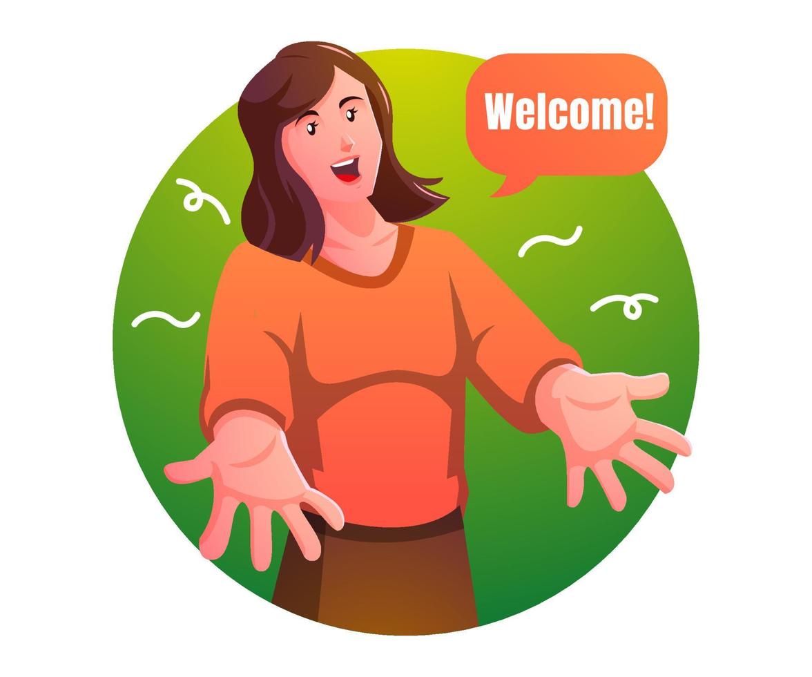 Cheerful woman gesturing welcome sign and smiling vector