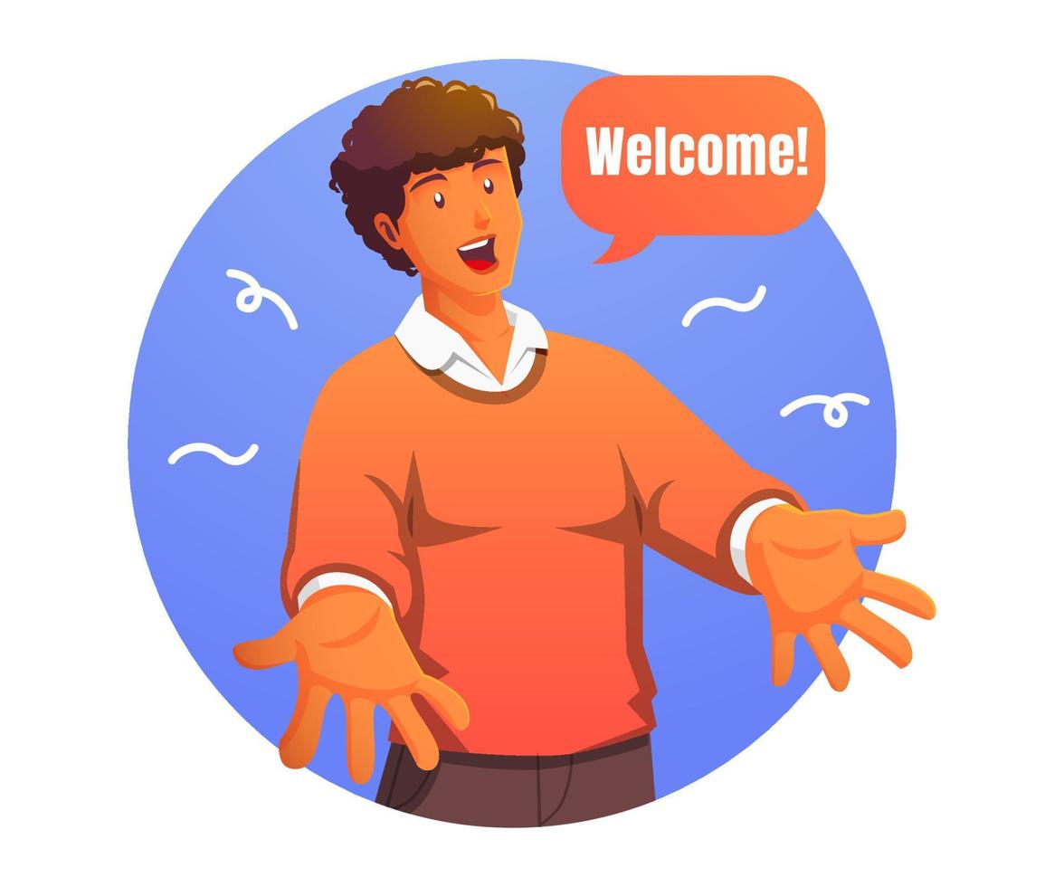 Cheerful man gesturing welcome sign and smiling vector