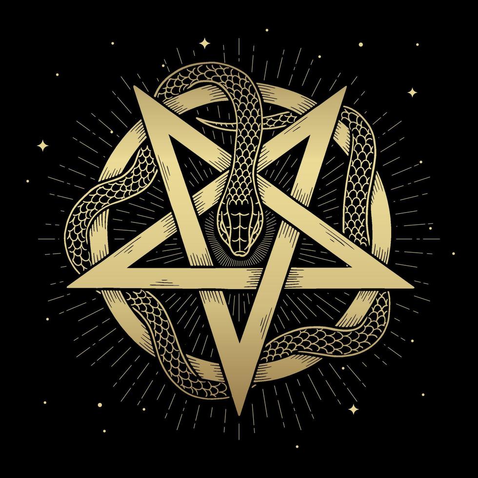 Gold pentagram symbol wrapped by snake vector