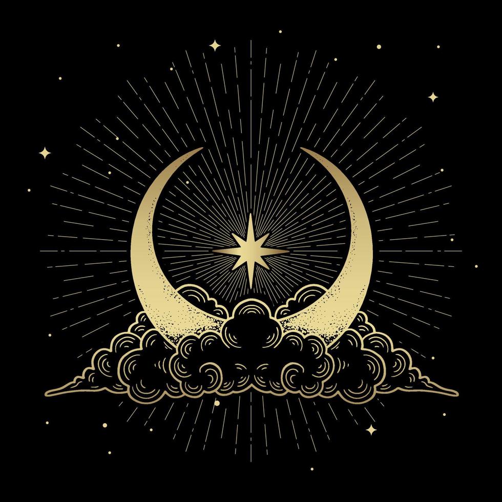 Crescent moon accompanied by clouds and stars vector