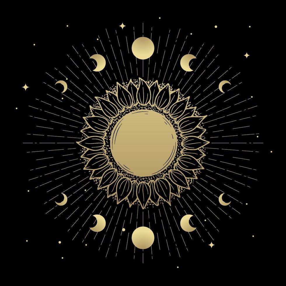 el sol en forma de flor rodeado de fases de la luna vector