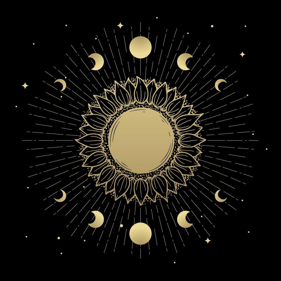 The sun in shape of a flower surrounded by phases of the moon vector