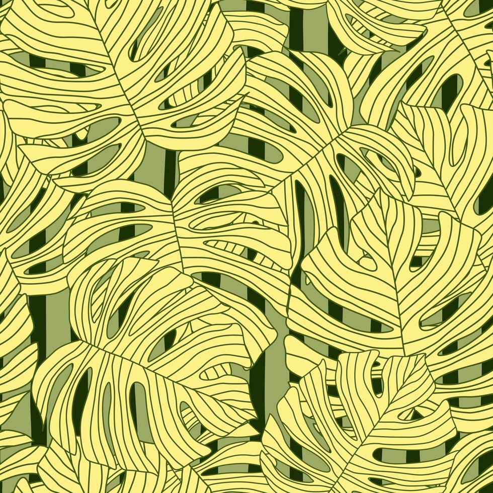 Contoured outline monstera silhouettes seamless pattern. Palm leaves endless background. Botanical wallpaper. vector