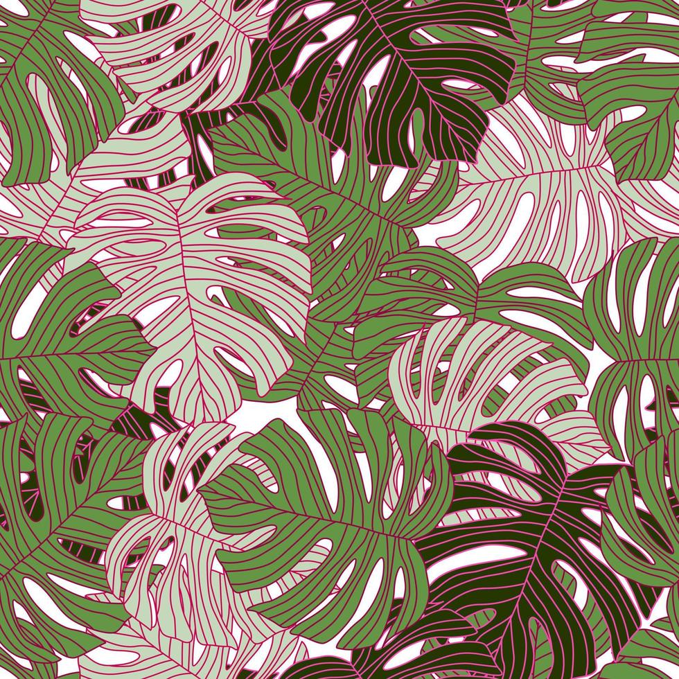 Contoured outline monstera silhouettes seamless pattern. Palm leaves endless background. Botanical wallpaper. vector