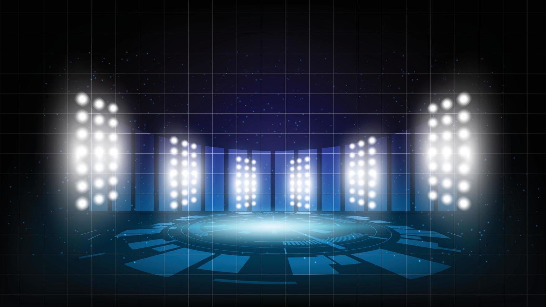 Abstract background stadium stage hall with scenic lights of round futuristic technology user interface Blue vector lighting empty stage spotlight background.