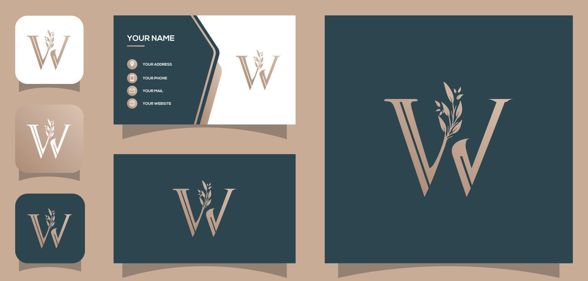 Vector graphic of Letter W premium, luxury, fashion leaf logo design with business card template
