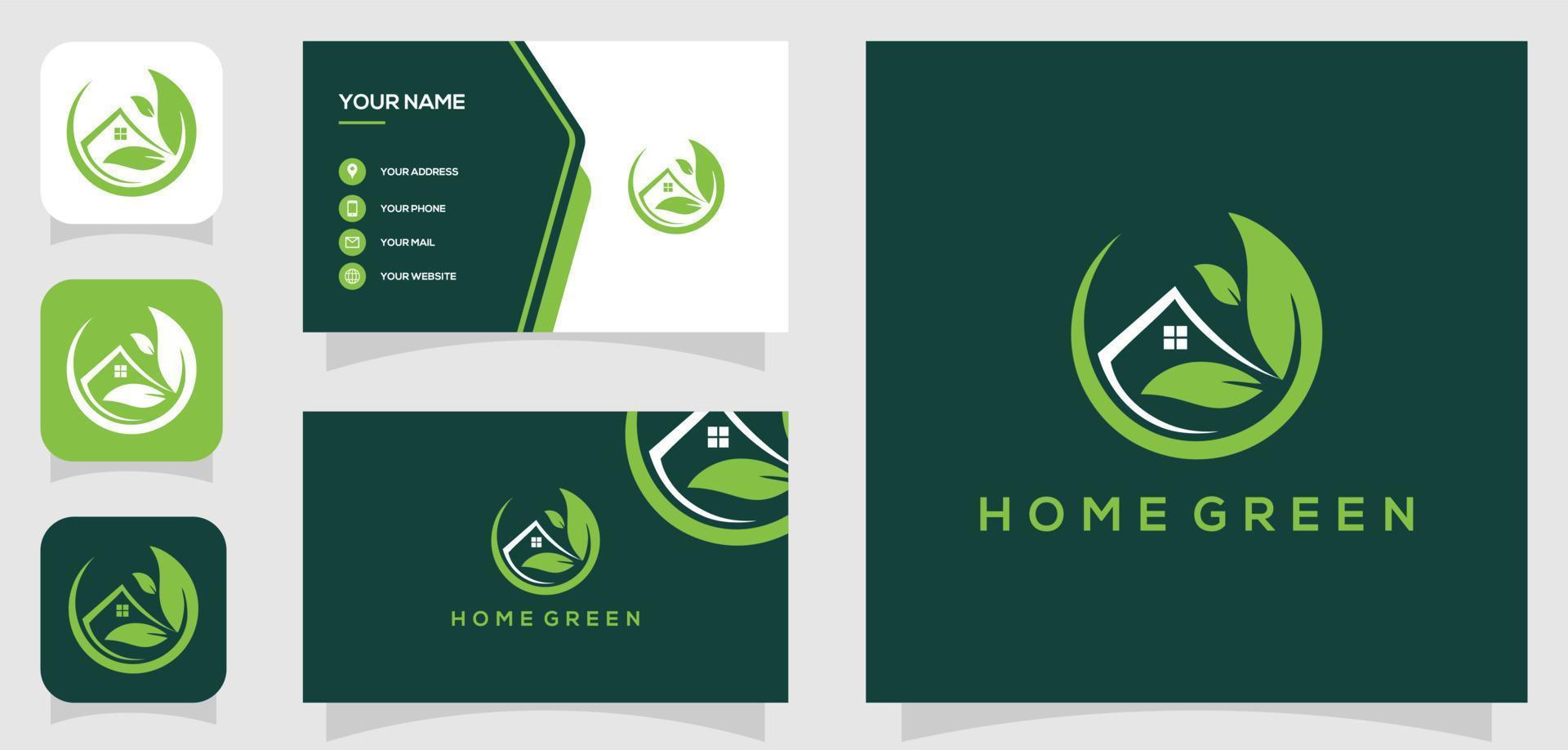 Vector graphic of home green, leaf house, minimalist logo design with business card template