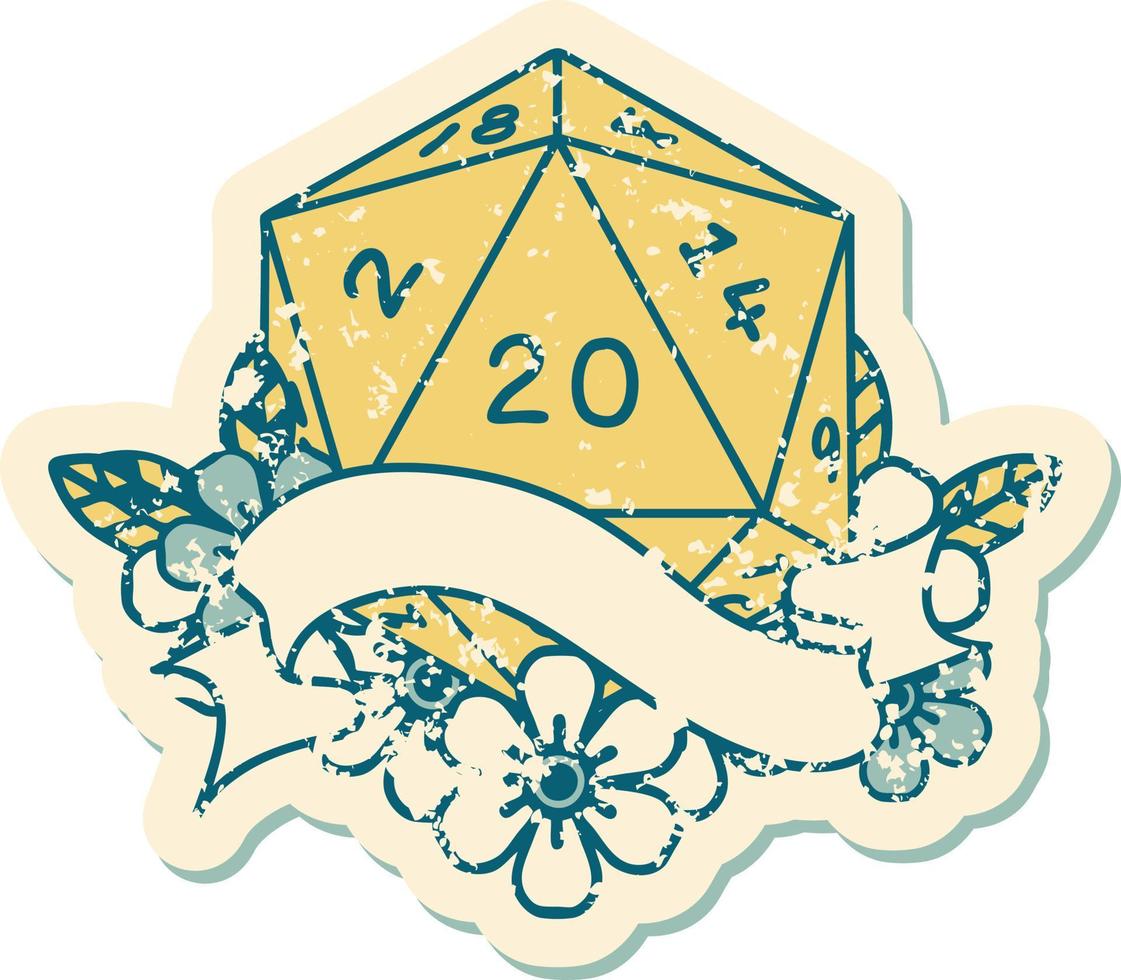 Retro Tattoo Style natural twenty D20 dice roll vector