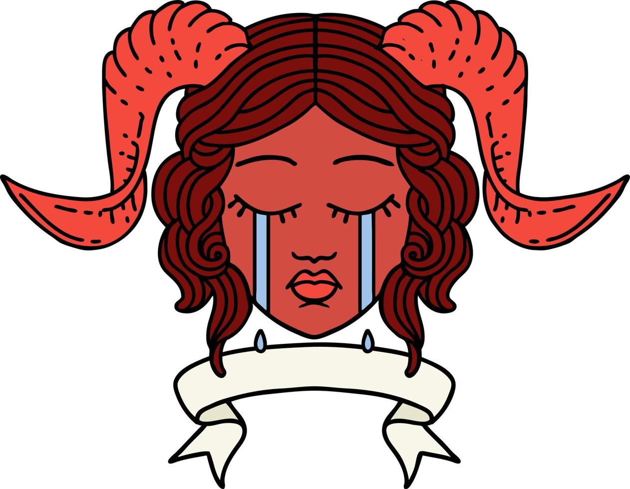 Retro Tattoo Style crying tiefling character face with scroll banner vector