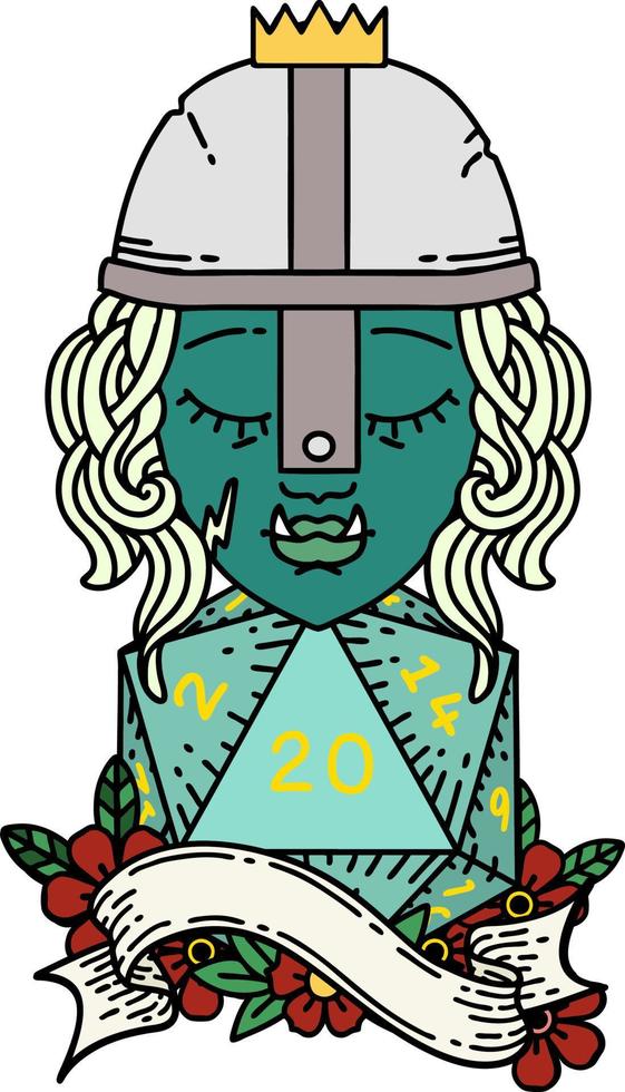 Retro Tattoo Style half orc fighter with natural 20 dice roll vector