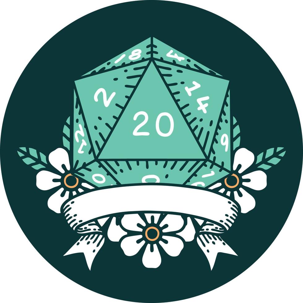icon of natural 20 critical hit D20 dice roll vector