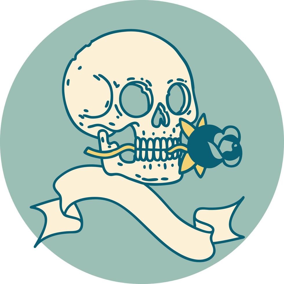 tattoo style icon with banner of a skull and rose vector