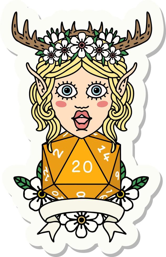 sticker of a elf druid character with natural 20 dice roll vector
