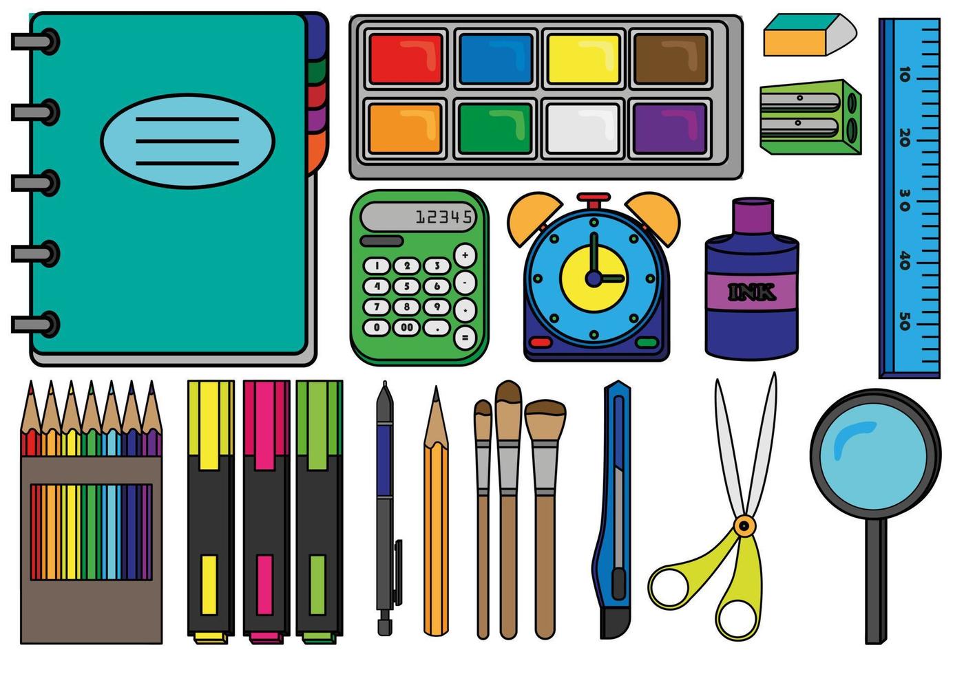 Set of cartoon objects for elementary school. Collection of cute stickers isolated on white background vector