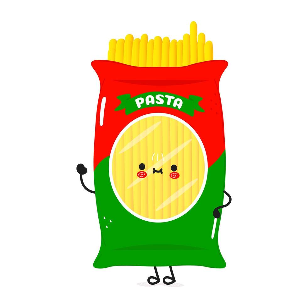 Cute funny spaghetti waving hand character. Vector hand drawn cartoon kawaii character illustration icon. Isolated on white background. Pasta character concept