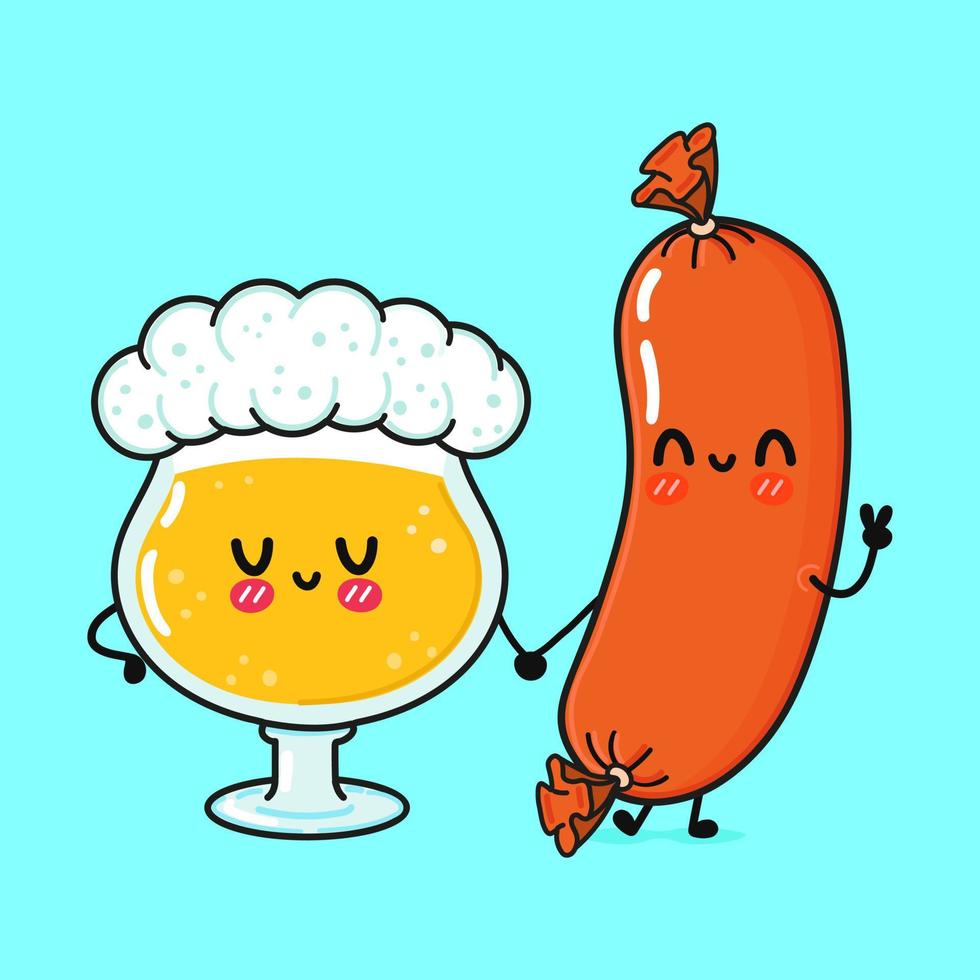 Cute, funny happy glass of beer and sausage. Vector hand drawn cartoon kawaii characters, illustration icon. Funny cartoon glass of beer and sausage mascot character concept