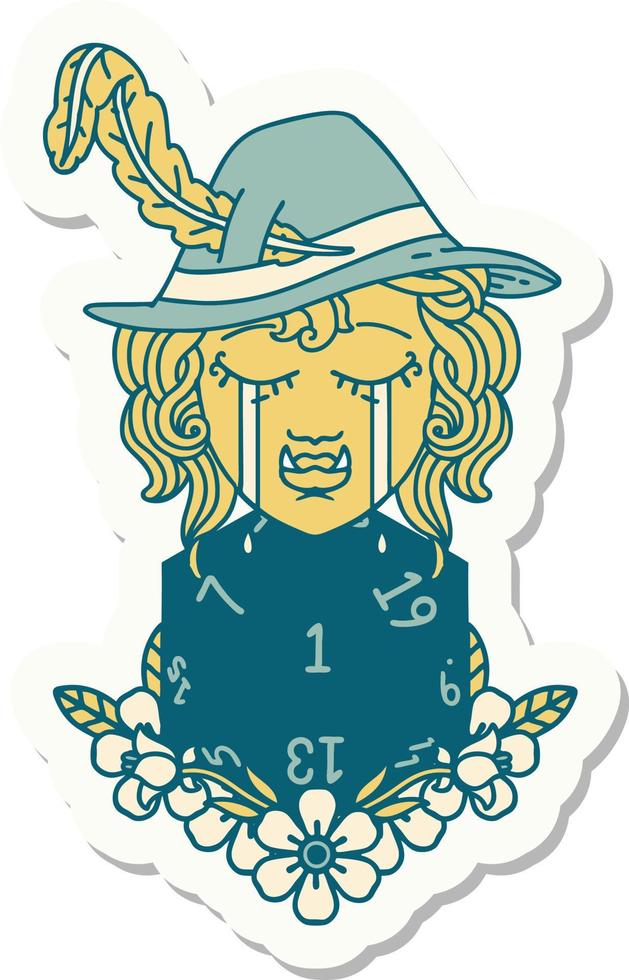 sticker of a sad half orc bard character with natural one d20 roll vector