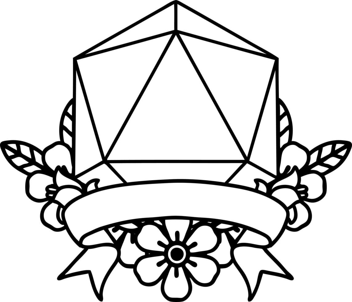 Black and White Tattoo linework Style natural one d20 dice roll vector
