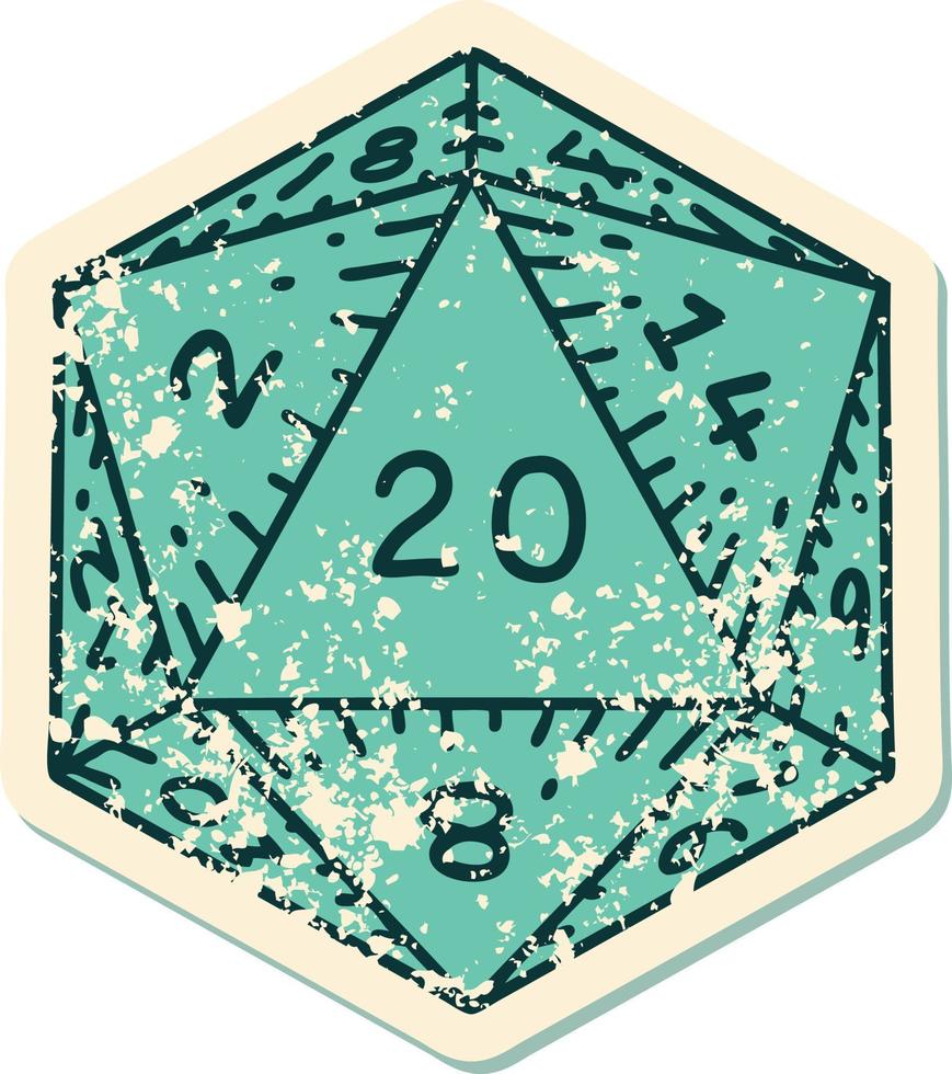 Retro Tattoo Style natural 20 D20 dice roll vector