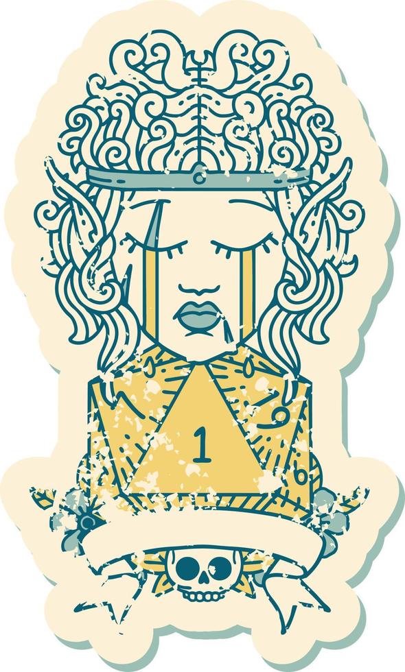 Retro Tattoo Style sad elf barbarian character with natural one roll vector