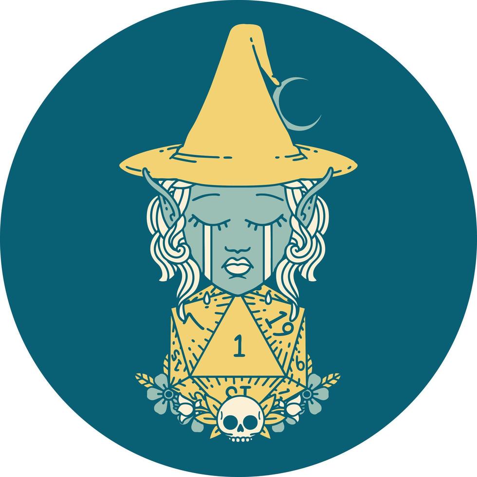 Retro Tattoo Style crying elf witch with natural one D20 roll vector