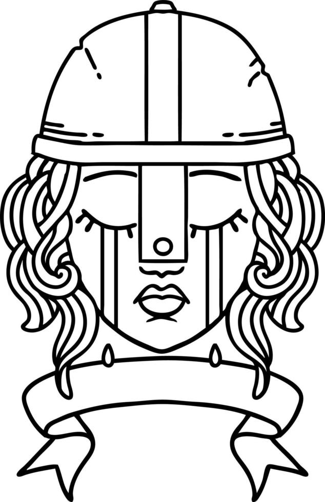 Black and White Tattoo linework Style crying human fighter character with banner vector